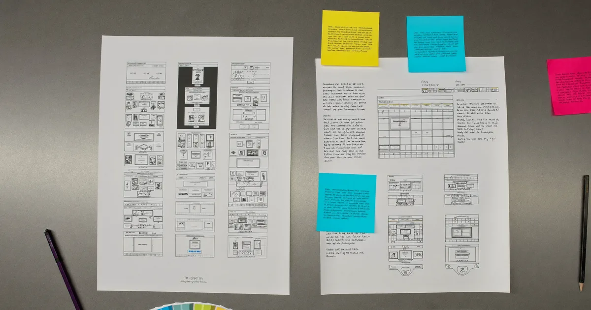 Hand-drawn website wireframes and sticky notes on a desk during a website redesign